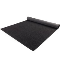 Nahaufnahme eines Kunstrasens, daneben eine 2-Euro-Münze als Größenvergleich. Textangaben: Gesamthöhe circa 8 mm, Obermaterial aus Polypropylen, frei von Blei und Kadmium, Rücken aus 100 % PP-Trägermaterial, UV-stabilisiert. Symbole für Global Recycled Standard und Brandschutz (Cfl-s1). Überschrift: Produktinformation.