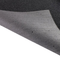 Nahaufnahme eines künstlichen Rasens, bei dem eine Ecke umgeklappt ist, sodass das schwarze Rückseitenmaterial sichtbar wird. Ein Kreis mit Vergrößerung zeigt ein kleines Drainageloch im Rückmaterial. Rechts daneben steht auf rotem Hintergrund: Drainagelöcher im Rückenmaterial. Unten steht: Wasserdurchlässig bis 60 l/min/m².