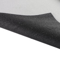 Nahaufnahme eines künstlichen Rasens, bei dem eine Ecke umgeklappt ist, sodass das schwarze Rückseitenmaterial sichtbar wird. Ein Kreis mit Vergrößerung zeigt ein kleines Drainageloch im Rückmaterial. Rechts daneben steht auf rotem Hintergrund: Drainagelöcher im Rückenmaterial. Unten steht: Wasserdurchlässig bis 60 l/min/m².