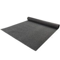 Nahaufnahme eines Kunstrasens, daneben eine 2-Euro-Münze als Größenvergleich. Textangaben: Gesamthöhe circa 8 mm, Obermaterial aus Polypropylen, frei von Blei und Kadmium, Rücken aus 100 % PP-Trägermaterial, UV-stabilisiert. Symbole für Global Recycled Standard und Brandschutz (Cfl-s1). Überschrift: Produktinformation.