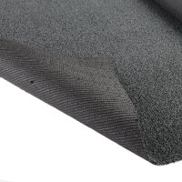 Nahaufnahme eines künstlichen Rasens, bei dem eine Ecke umgeklappt ist, sodass das schwarze Rückseitenmaterial sichtbar wird. Ein Kreis mit Vergrößerung zeigt ein kleines Drainageloch im Rückmaterial. Rechts daneben steht auf rotem Hintergrund: Drainagelöcher im Rückenmaterial. Unten steht: Wasserdurchlässig bis 60 l/min/m².
